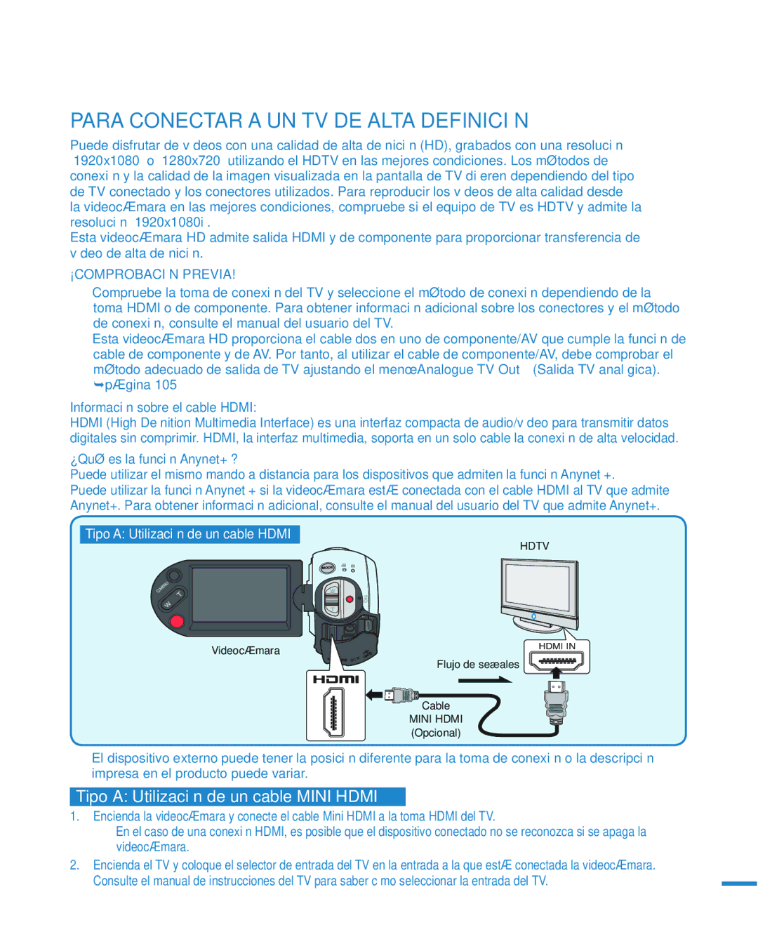 Samsung HMX-R10SP/EDC Conexión a un TV, Para Conectar a UN TV DE Alta Definición, Tipo a Utilización de un cable Mini Hdmi 