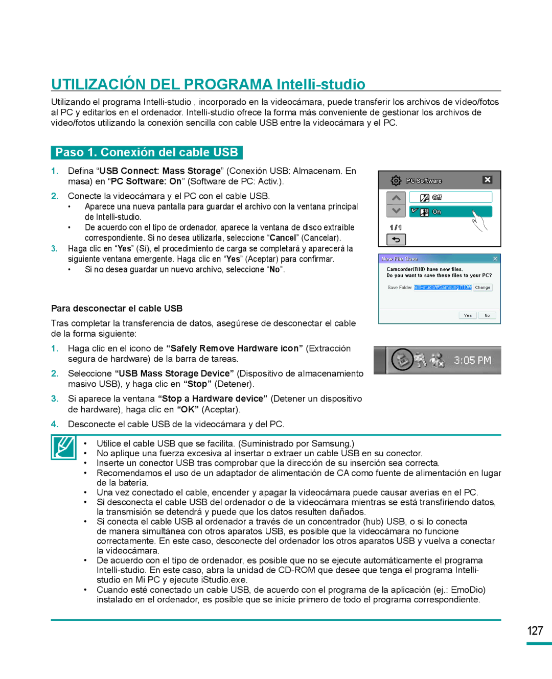 Samsung HMX-R10SP/EDC, HMX-R10BP/EDC manual Utilización DEL Programa Intelli-studio, Paso 1. Conexión del cable USB 