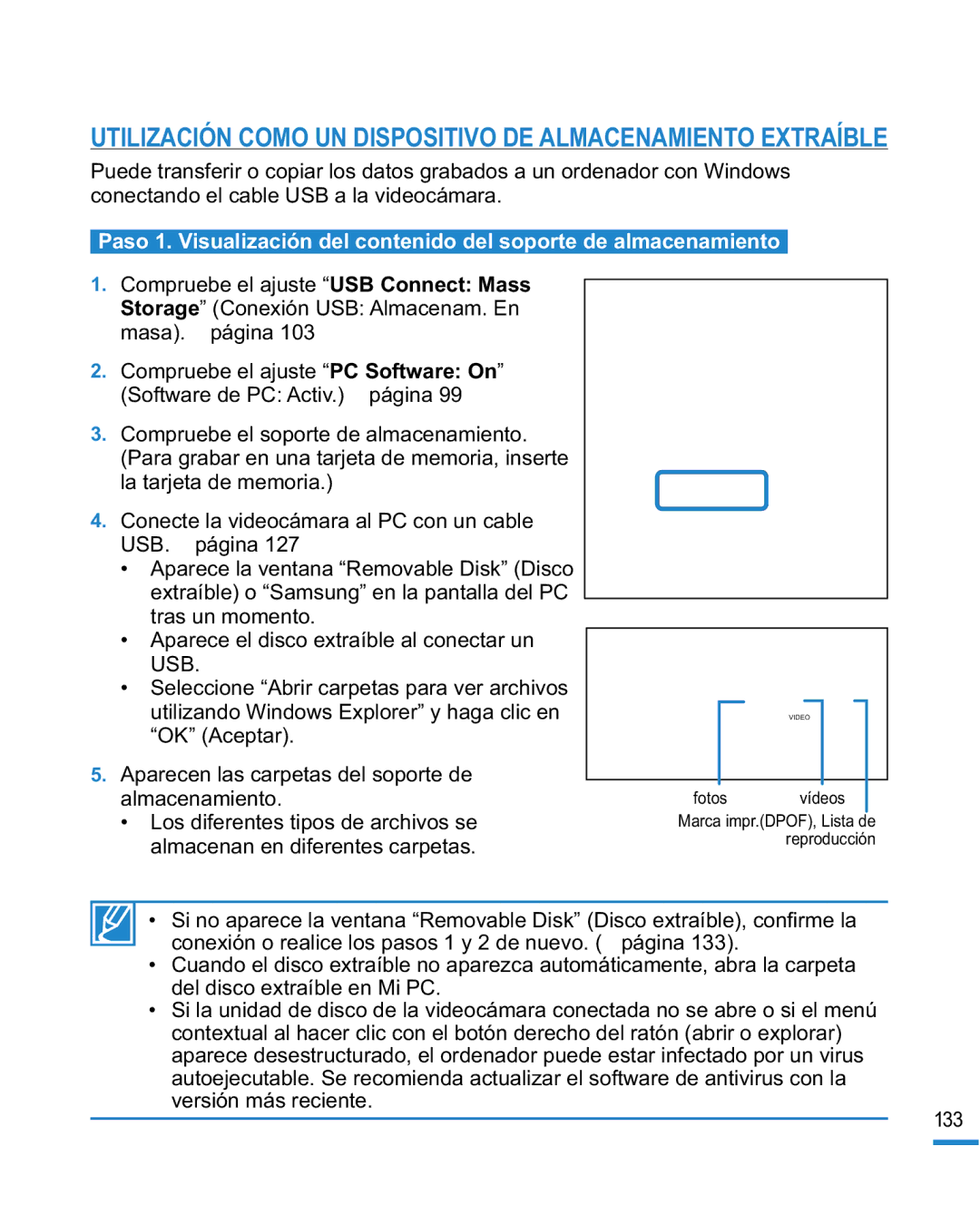 Samsung HMX-R10SP/EDC, HMX-R10BP/EDC manual Utilización Como UN Dispositivo DE Almacenamiento Extraíble 