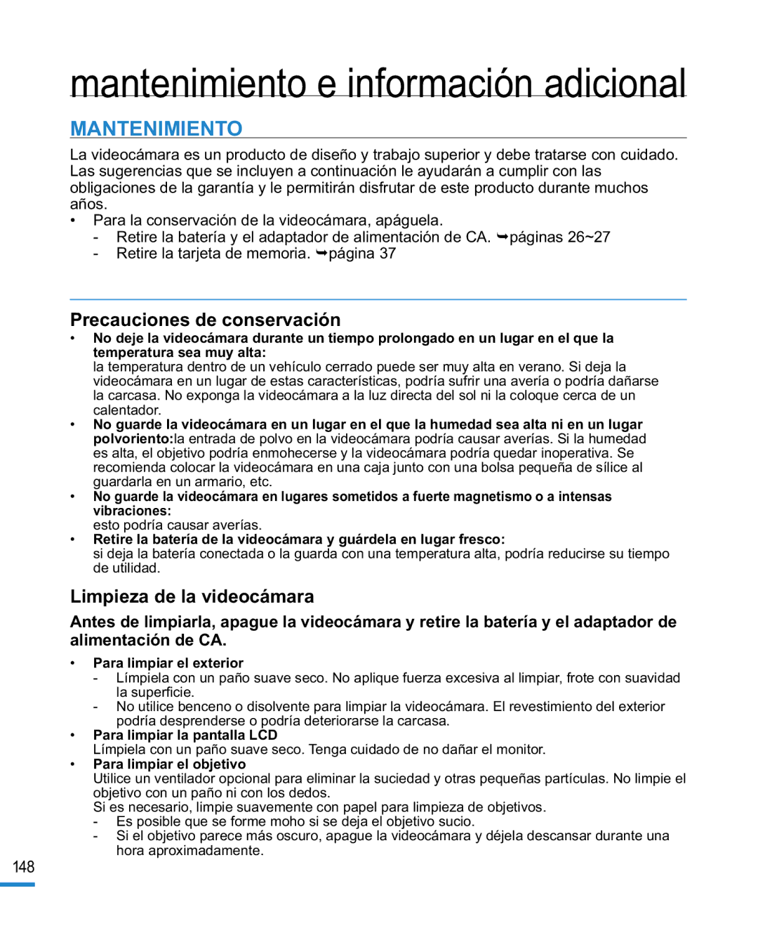 Samsung HMX-R10BP/EDC, HMX-R10SP/EDC manual Mantenimiento e información adicional 