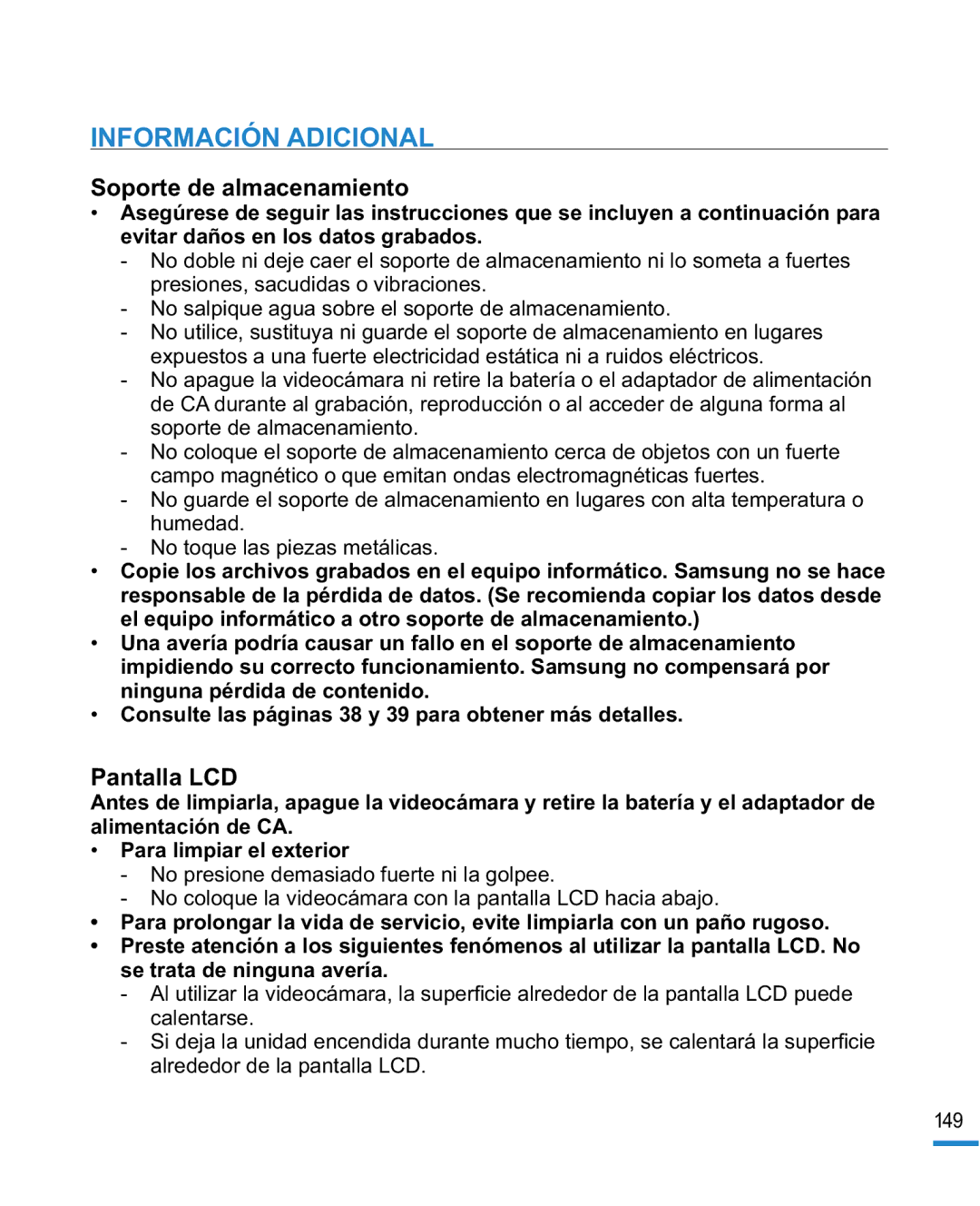 Samsung HMX-R10SP/EDC, HMX-R10BP/EDC manual Información Adicional, Soporte de almacenamiento 