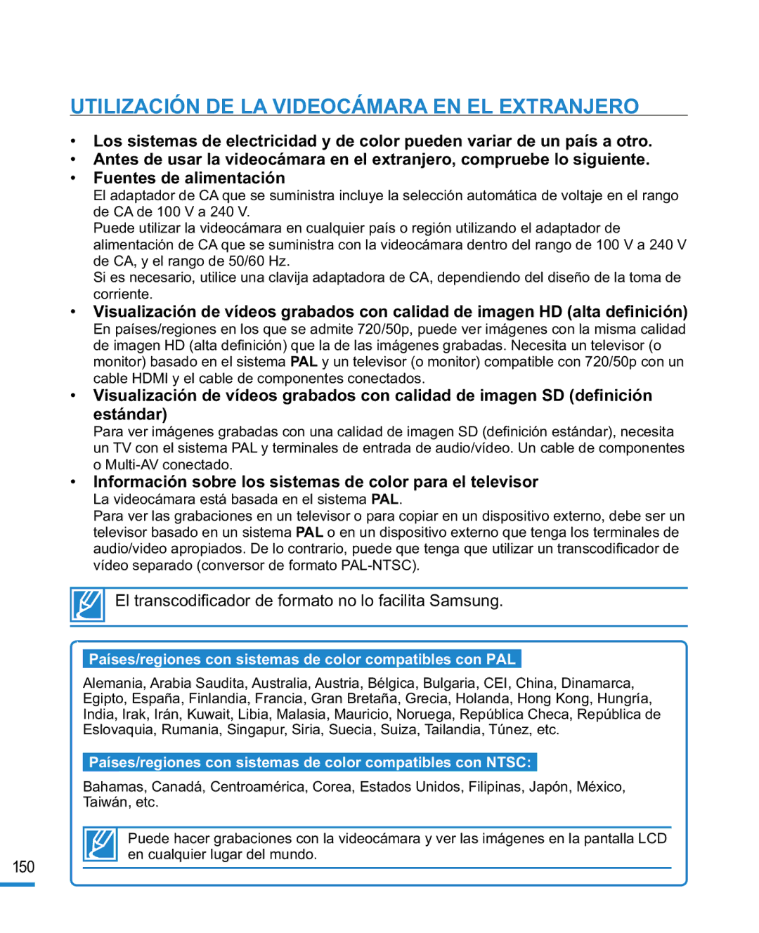 Samsung HMX-R10BP/EDC, HMX-R10SP/EDC manual Utilización DE LA Videocámara EN EL Extranjero 