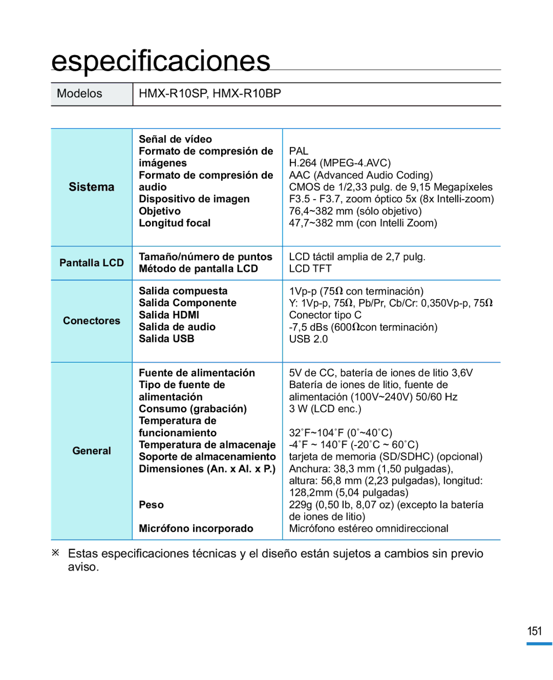 Samsung HMX-R10SP/EDC, HMX-R10BP/EDC manual Especiﬁcaciones, Sistema 