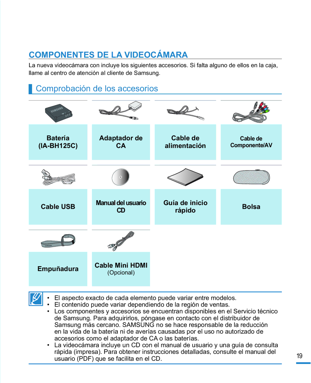 Samsung HMX-R10SP/EDC, HMX-R10BP/EDC Componentes DE LA Videocámara, Comprobación de los accesorios, Cable USB, Empuñadura 