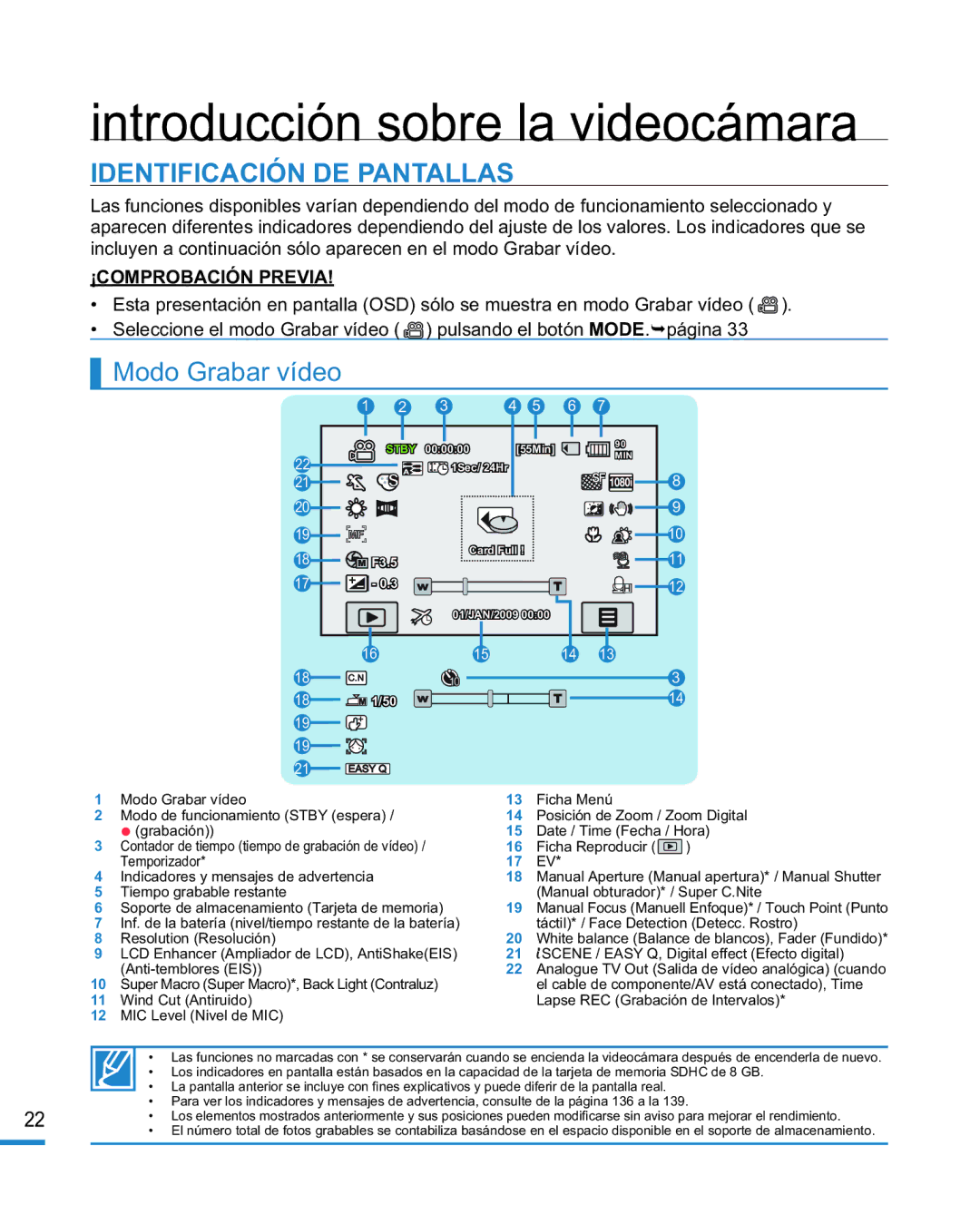 Samsung HMX-R10BP/EDC, HMX-R10SP/EDC manual Identificación DE Pantallas, Modo Grabar vídeo 