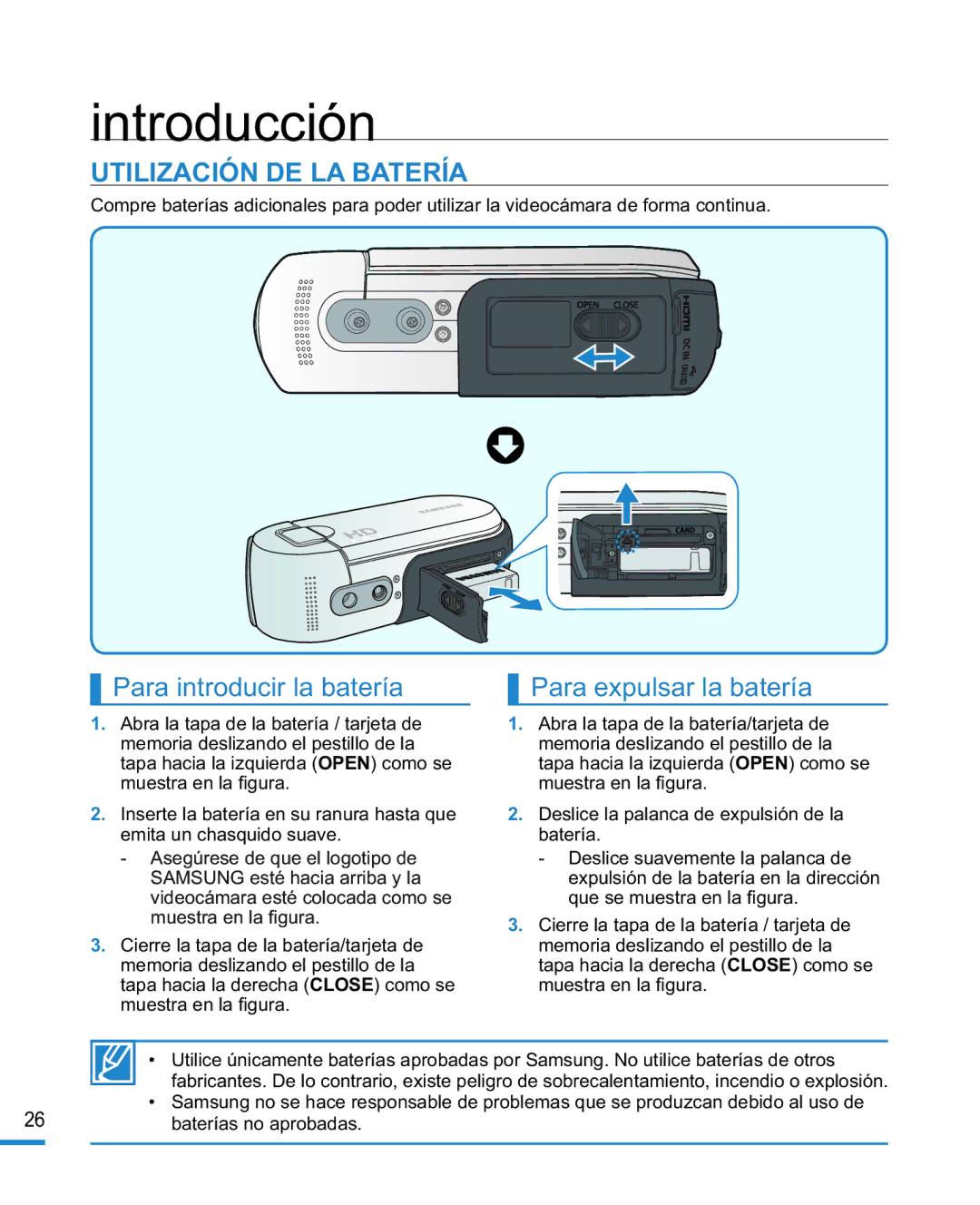 Samsung HMX-R10BP/EDC manual Introducción, Utilización DE LA Batería, Para introducir la batería Para expulsar la batería 