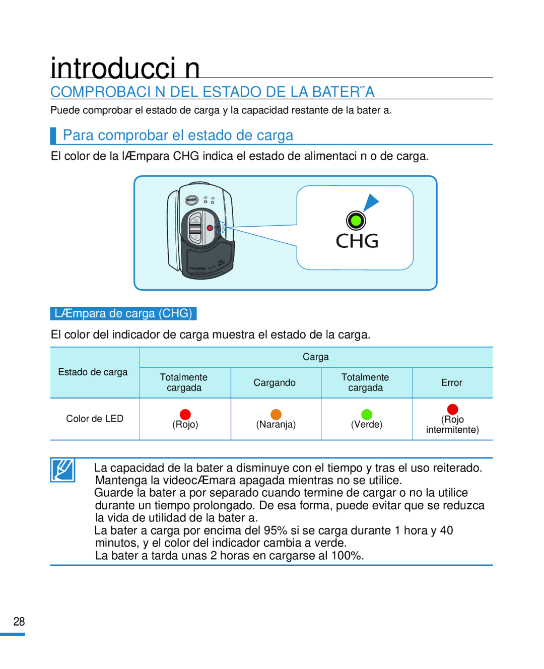 Samsung HMX-R10BP/EDC manual Comprobación DEL Estado DE LA Batería, Para comprobar el estado de carga, Lámpara de carga CHG 