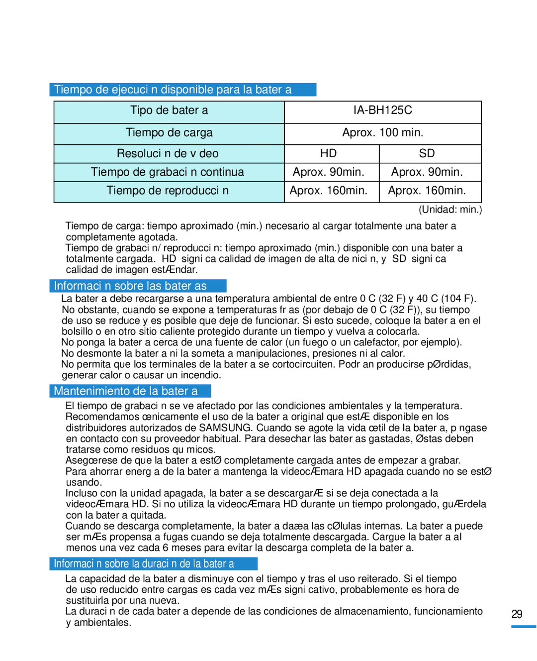 Samsung HMX-R10SP/EDC, HMX-R10BP/EDC manual Tiempo de ejecución disponible para la batería, Información sobre las baterías 