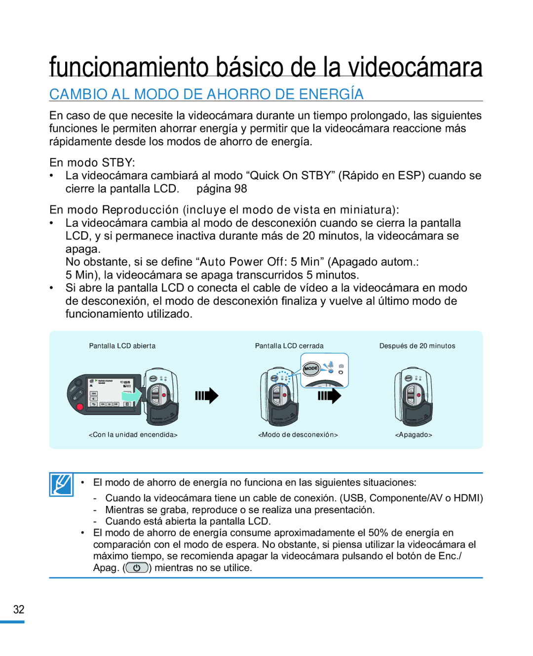 Samsung HMX-R10BP/EDC, HMX-R10SP/EDC manual Cambio AL Modo DE Ahorro DE Energía, En modo Stby 