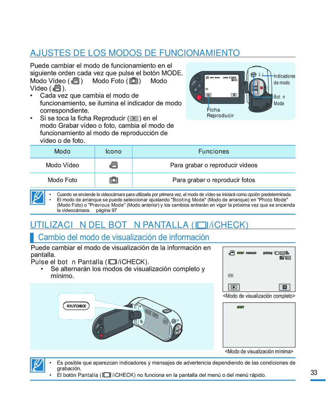 Samsung HMX-R10SP/EDC, HMX-R10BP/EDC manual Ajustes DE LOS Modos DE Funcionamiento, Utilización DEL Botón Pantalla /iCHECK 