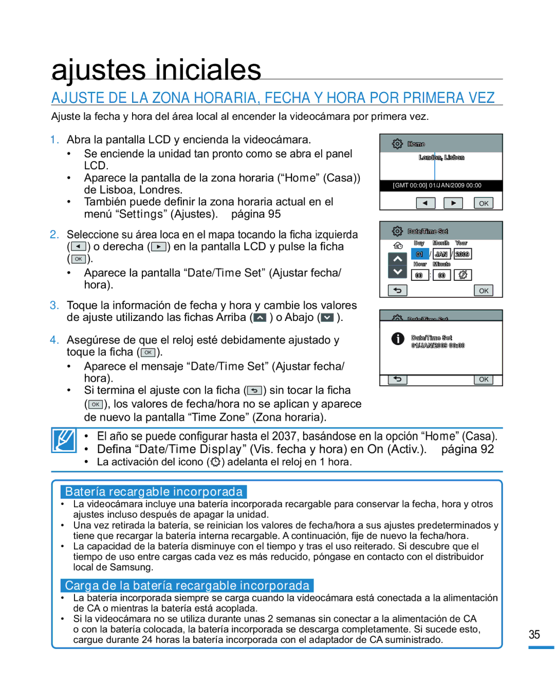 Samsung HMX-R10SP/EDC, HMX-R10BP/EDC manual Ajustes iniciales, Ajuste DE LA Zona HORARIA, Fecha Y Hora POR Primera VEZ 