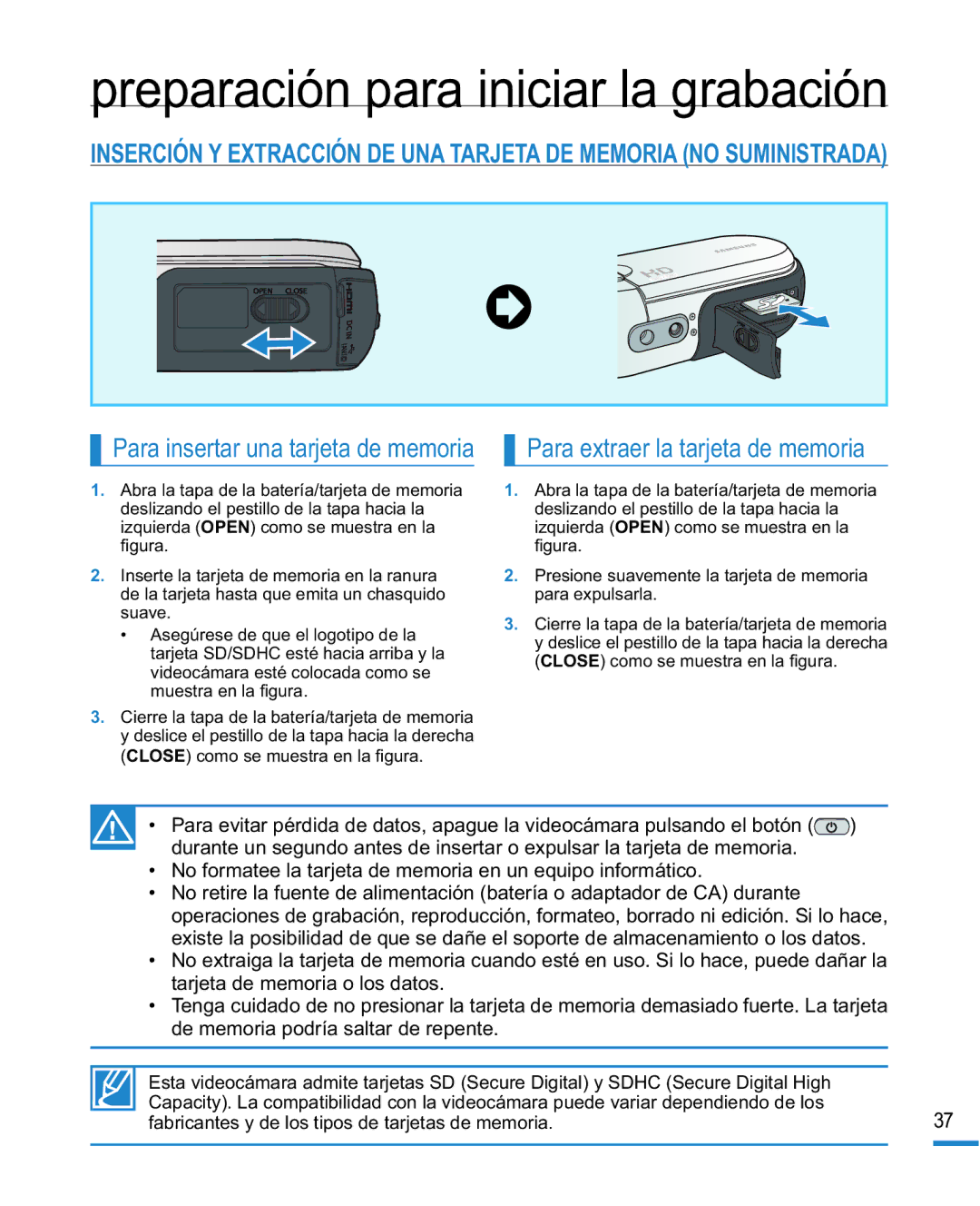 Samsung HMX-R10SP/EDC, HMX-R10BP/EDC manual Preparación para iniciar la grabación, Para extraer la tarjeta de memoria 