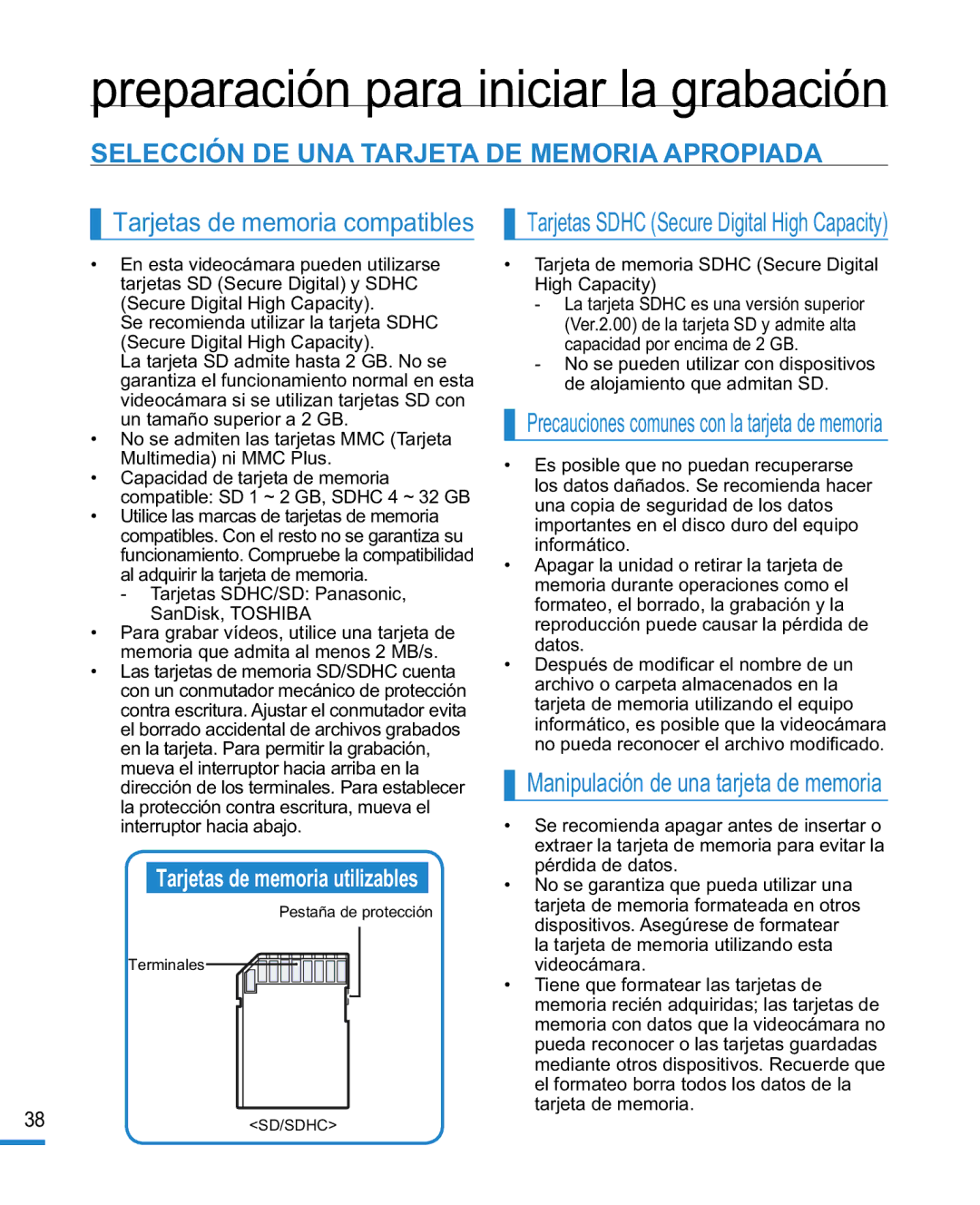 Samsung HMX-R10BP/EDC, HMX-R10SP/EDC manual Selección DE UNA Tarjeta DE Memoria Apropiada, Tarjetas de memoria compatibles 