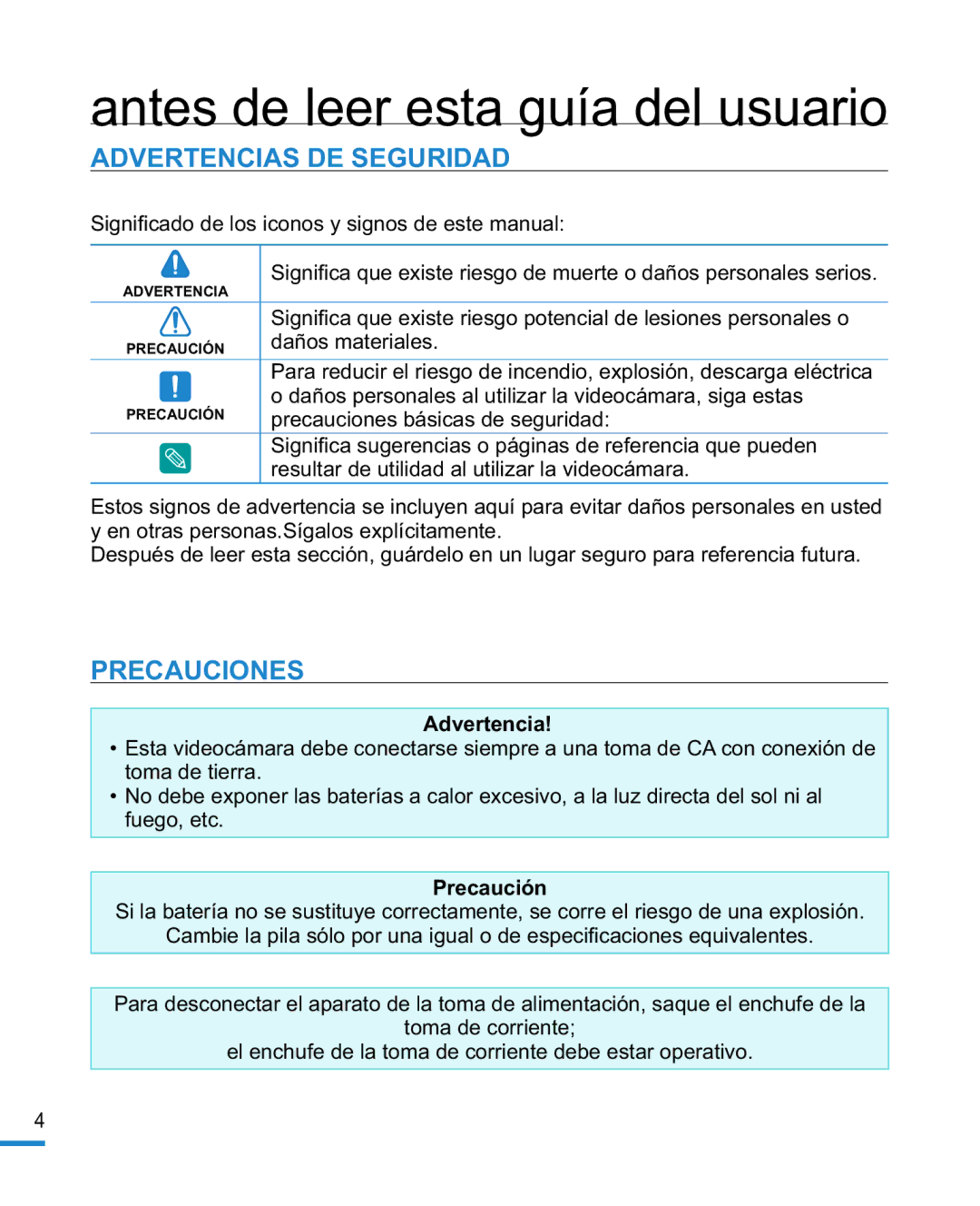 Samsung HMX-R10BP/EDC manual Antes de leer esta guía del usuario, Advertencias DE Seguridad, Precauciones, Precaución 