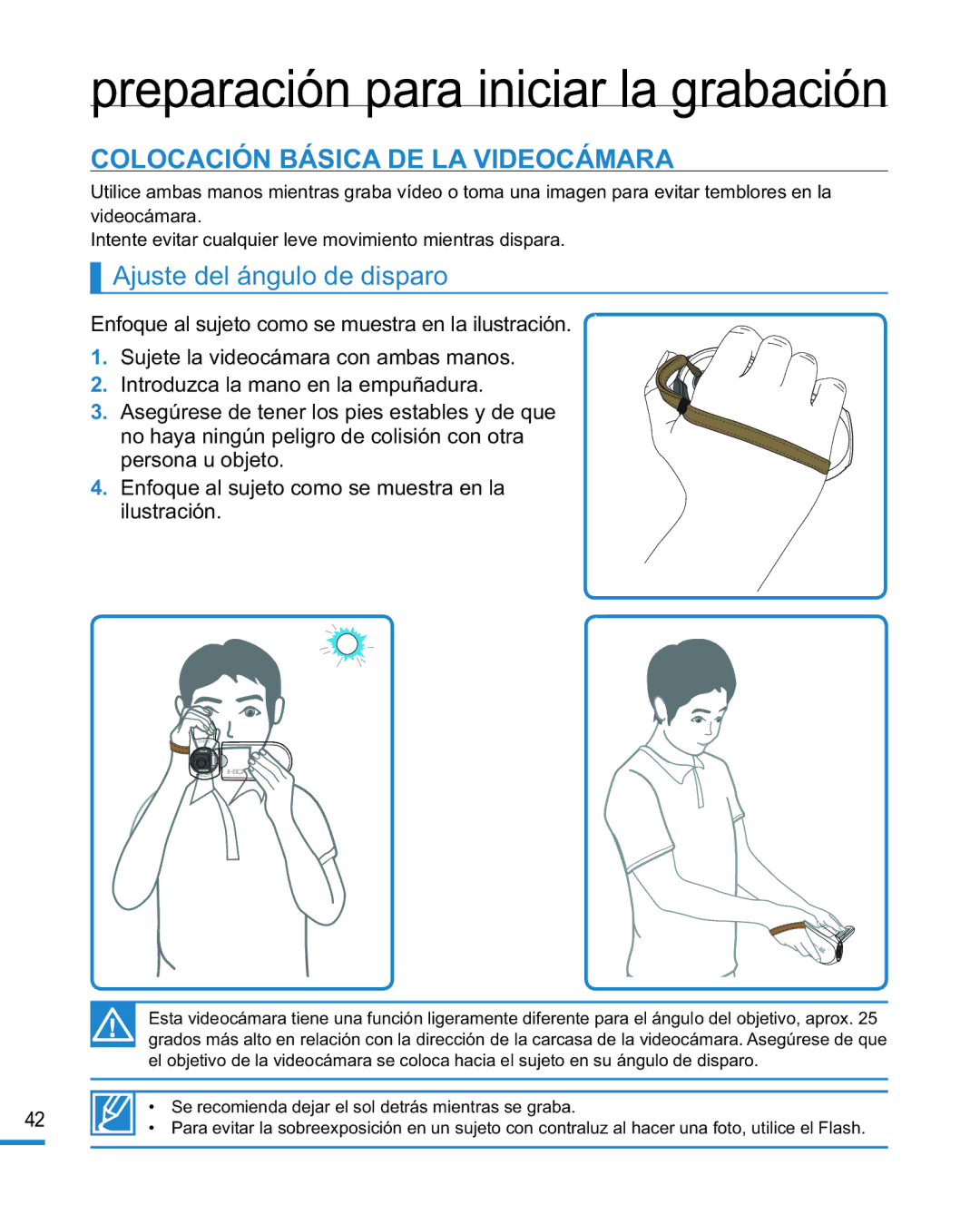 Samsung HMX-R10BP/EDC, HMX-R10SP/EDC manual Colocación Básica DE LA Videocámara, Ajuste del ángulo de disparo 