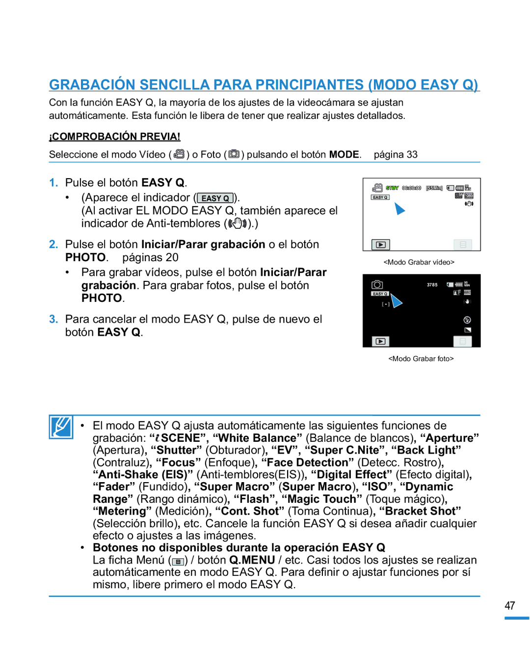 Samsung HMX-R10SP/EDC, HMX-R10BP/EDC manual Grabación Sencilla Para Principiantes Modo Easy Q 