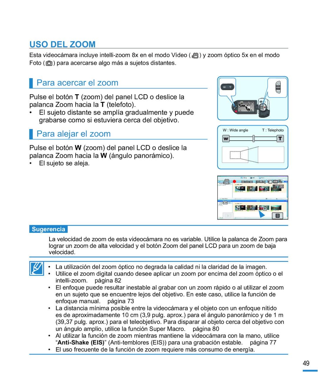 Samsung HMX-R10SP/EDC, HMX-R10BP/EDC manual USO DEL Zoom, Para acercar el zoom, Para alejar el zoom 