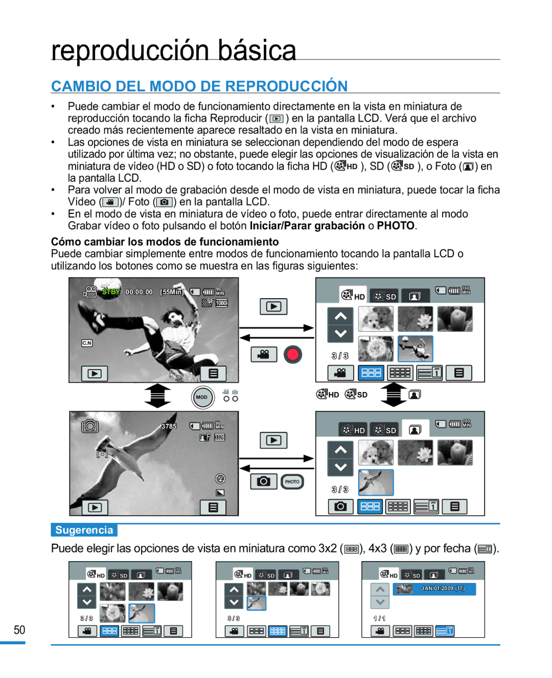 Samsung HMX-R10BP/EDC manual Reproducción básica, Cambio DEL Modo DE Reproducción, Cómo cambiar los modos de funcionamiento 