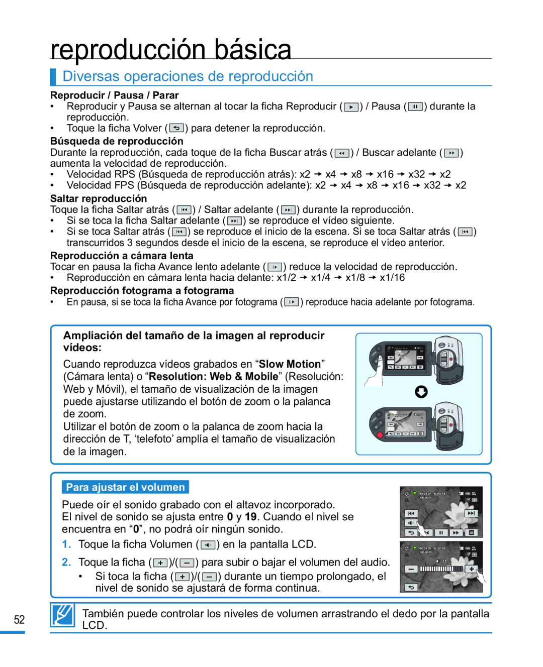 Samsung HMX-R10BP/EDC manual Diversas operaciones de reproducción, Ampliación del tamaño de la imagen al reproducir vídeos 