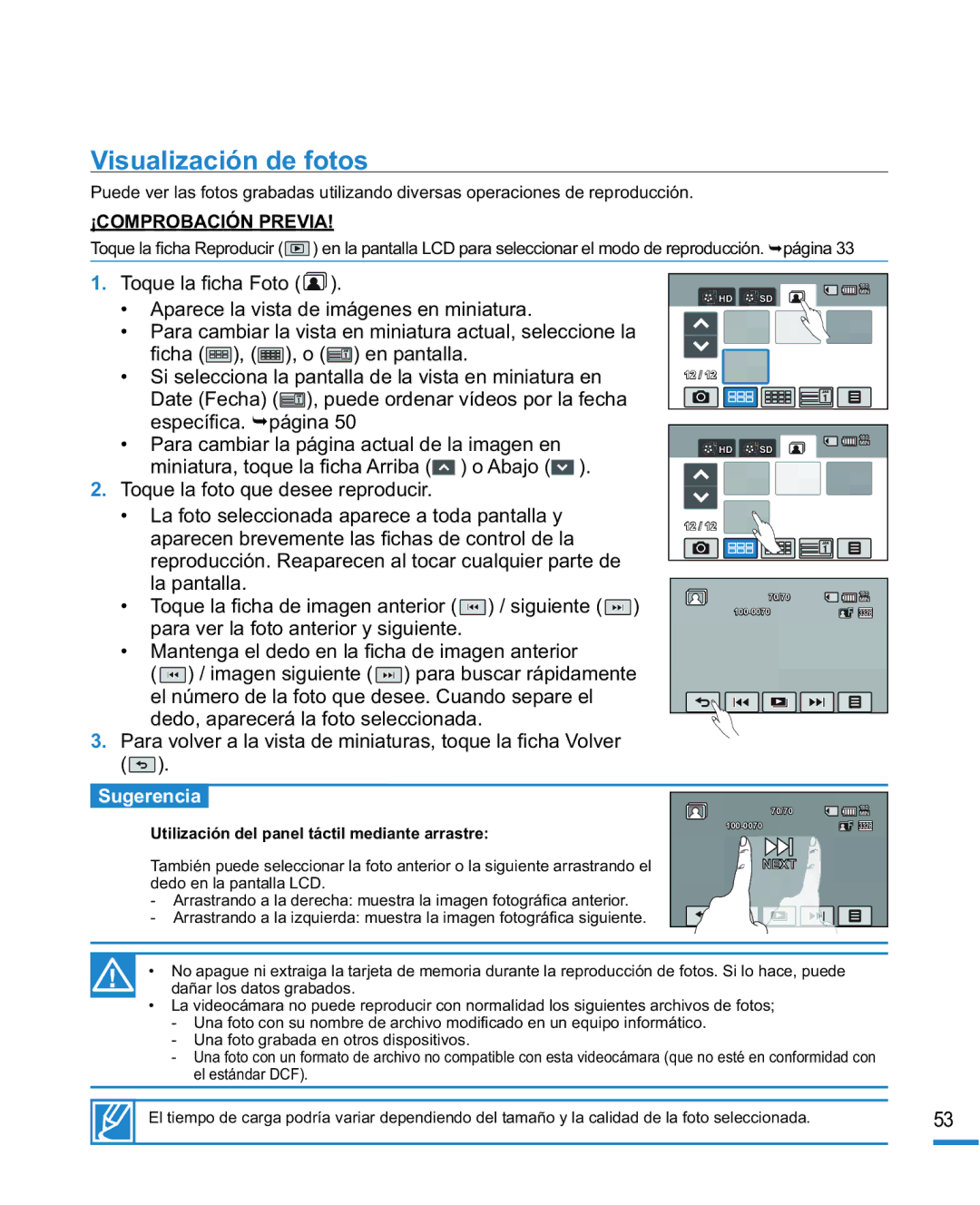 Samsung HMX-R10SP/EDC, HMX-R10BP/EDC manual Visualización de fotos, Dedo en la pantalla LCD 