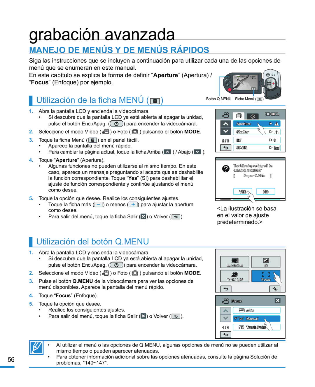 Samsung HMX-R10BP/EDC, HMX-R10SP/EDC Grabación avanzada, Manejo DE Menús Y DE Menús Rápidos, Utilización de la ﬁ cha Menú 