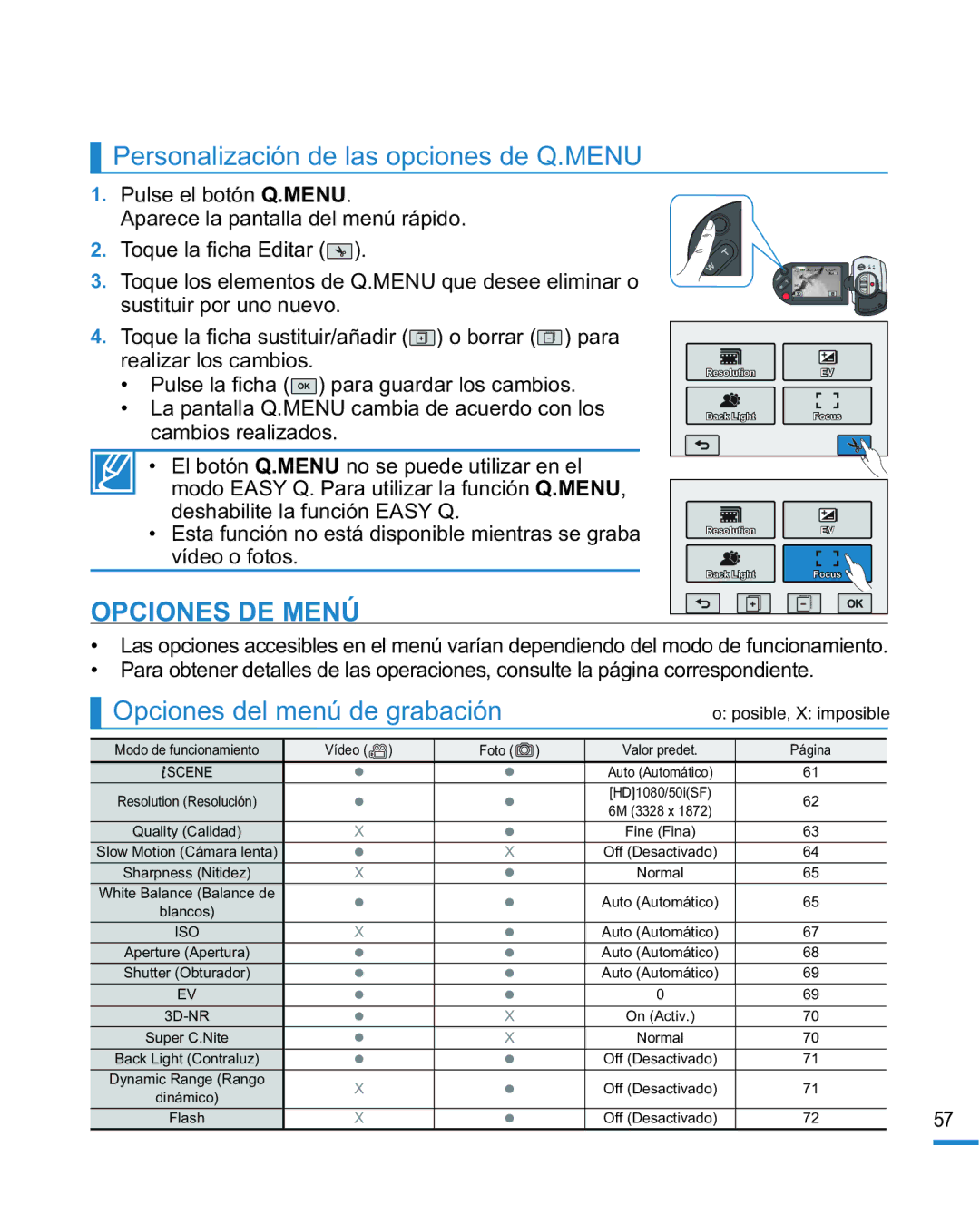 Samsung HMX-R10SP/EDC manual Personalización de las opciones de Q.MENU, Opciones DE Menú, Opciones del menú de grabación 