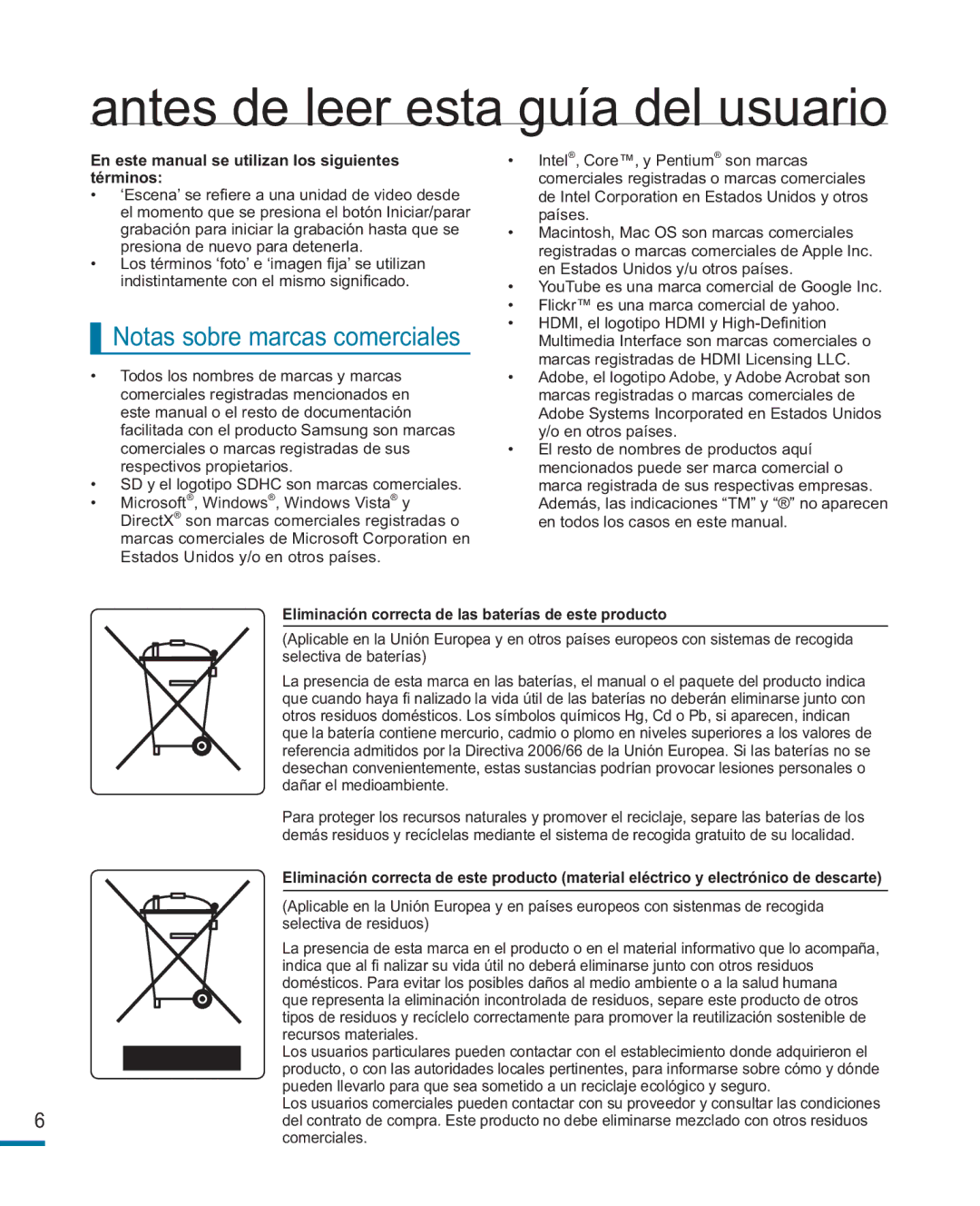 Samsung HMX-R10BP/EDC, HMX-R10SP/EDC Notas sobre marcas comerciales, En este manual se utilizan los siguientes términos 