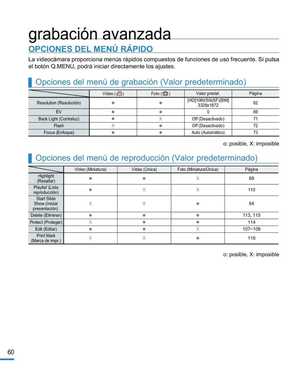 Samsung HMX-R10BP/EDC, HMX-R10SP/EDC manual Opciones DEL Menú Rápido, Opciones del menú de grabación Valor predeterminado 