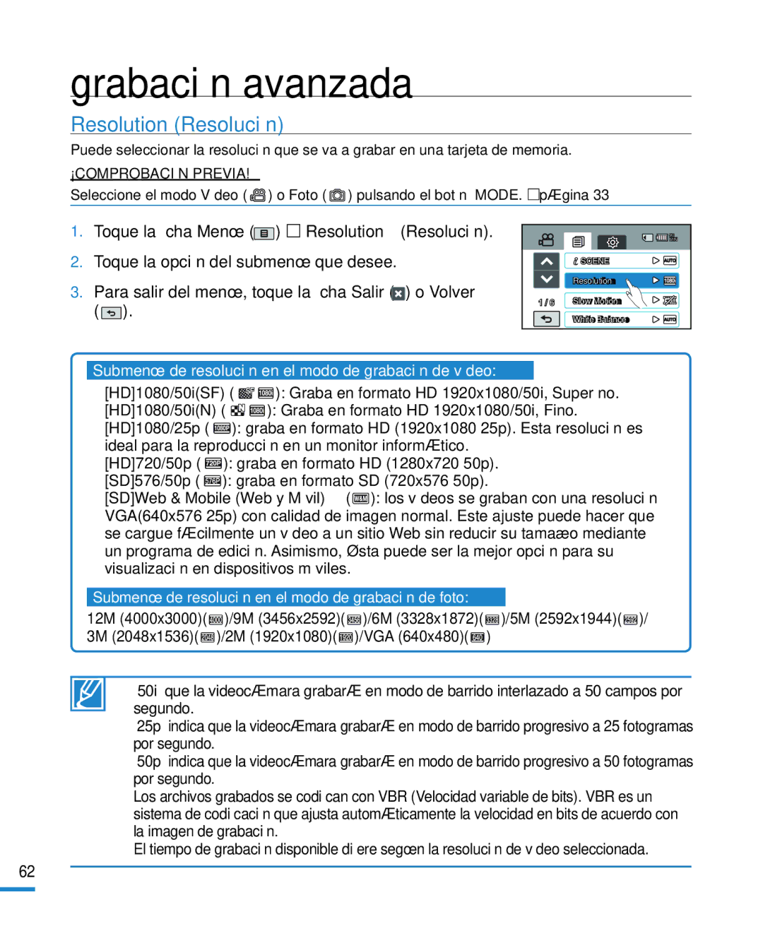 Samsung HMX-R10BP/EDC, HMX-R10SP/EDC manual Resolution Resolución, Submenú de resolución en el modo de grabación de vídeo 