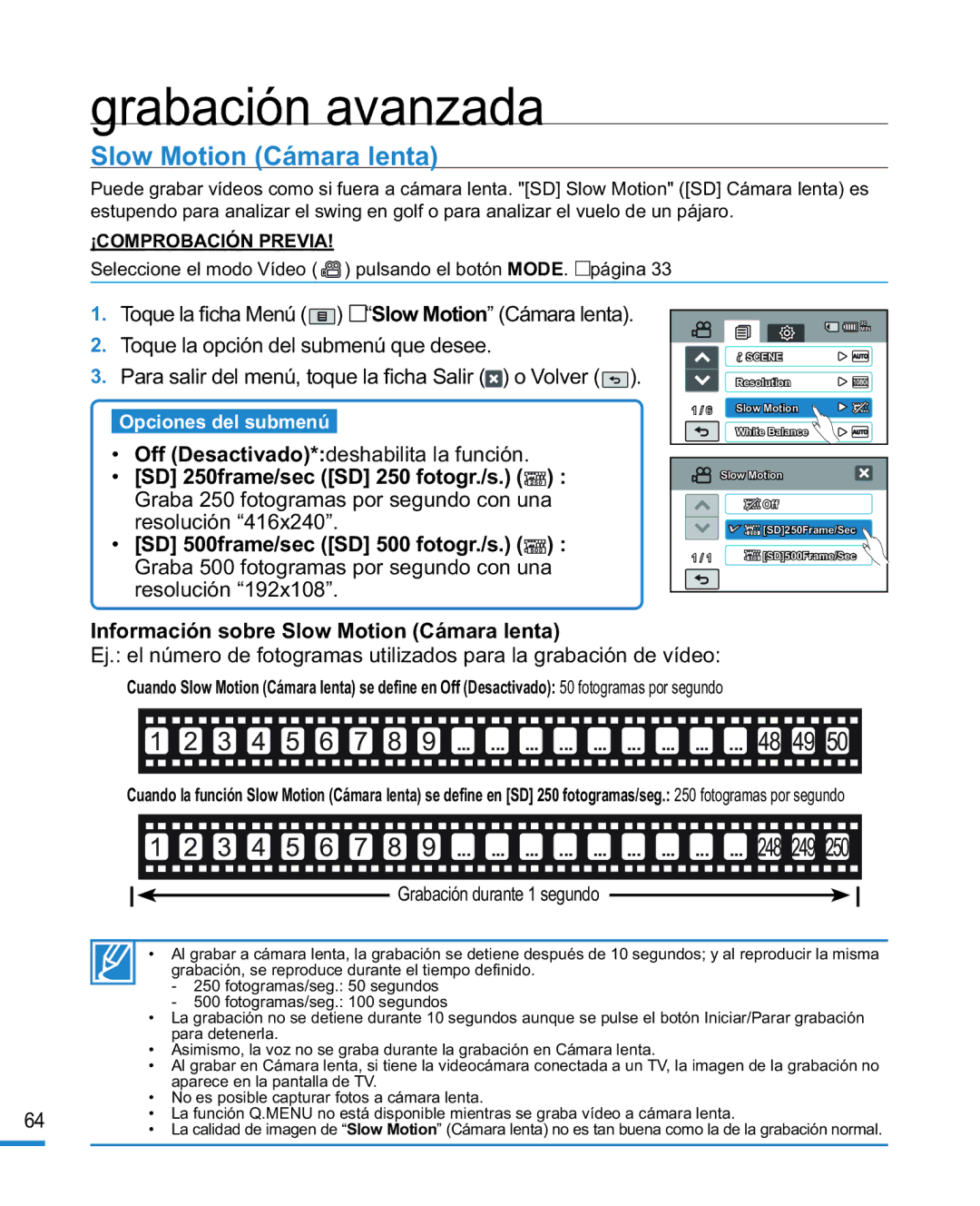 Samsung HMX-R10BP/EDC, HMX-R10SP/EDC manual Información sobre Slow Motion Cámara lenta 