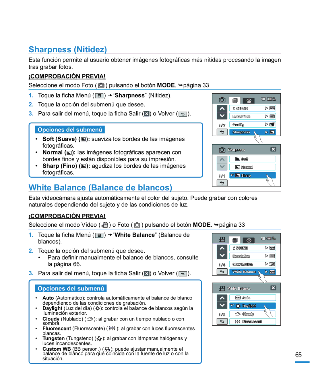 Samsung HMX-R10SP/EDC, HMX-R10BP/EDC manual Sharpness Nitidez, White Balance Balance de blancos 