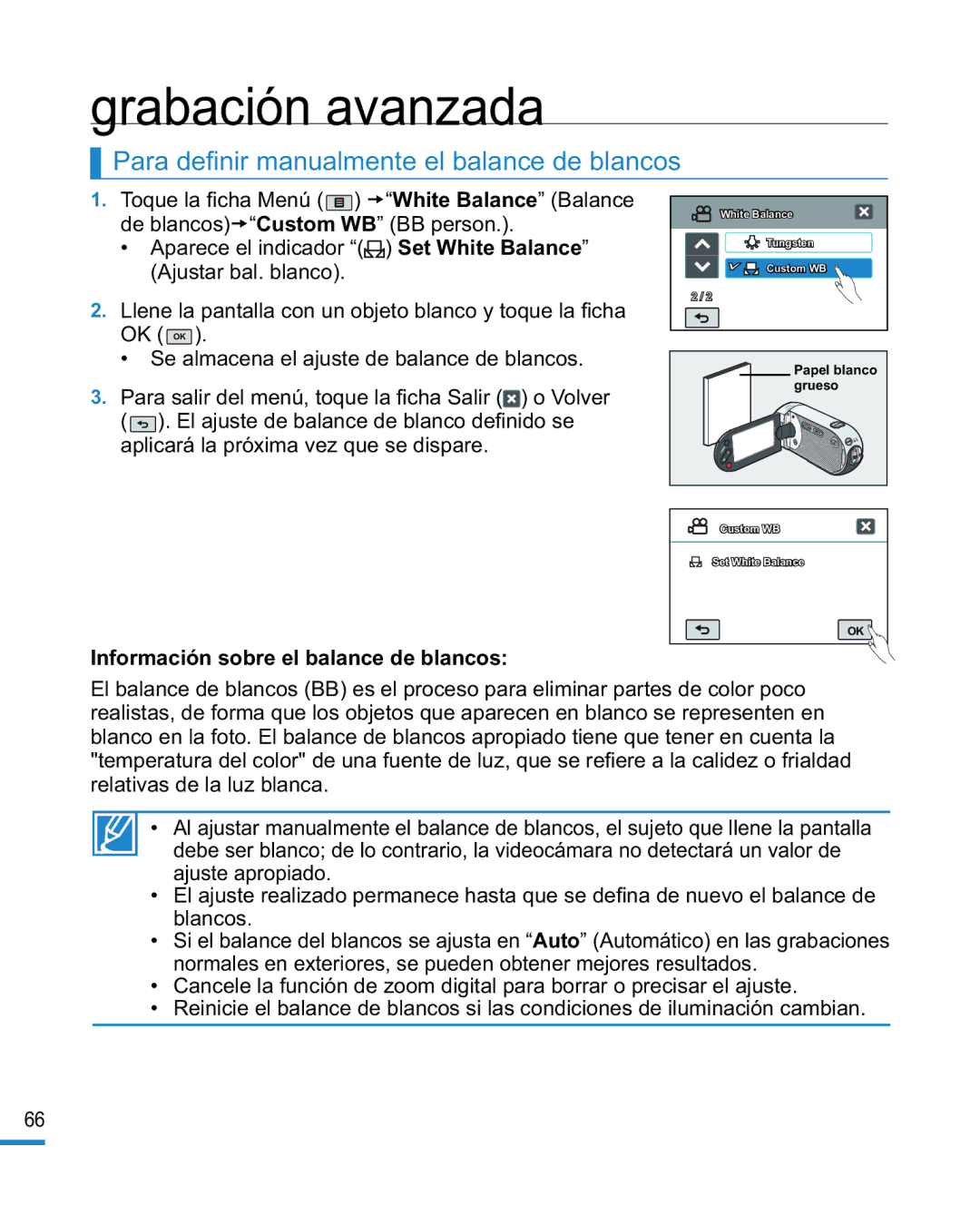 Samsung HMX-R10BP/EDC Para deﬁnir manualmente el balance de blancos, Información sobre el balance de blancos 