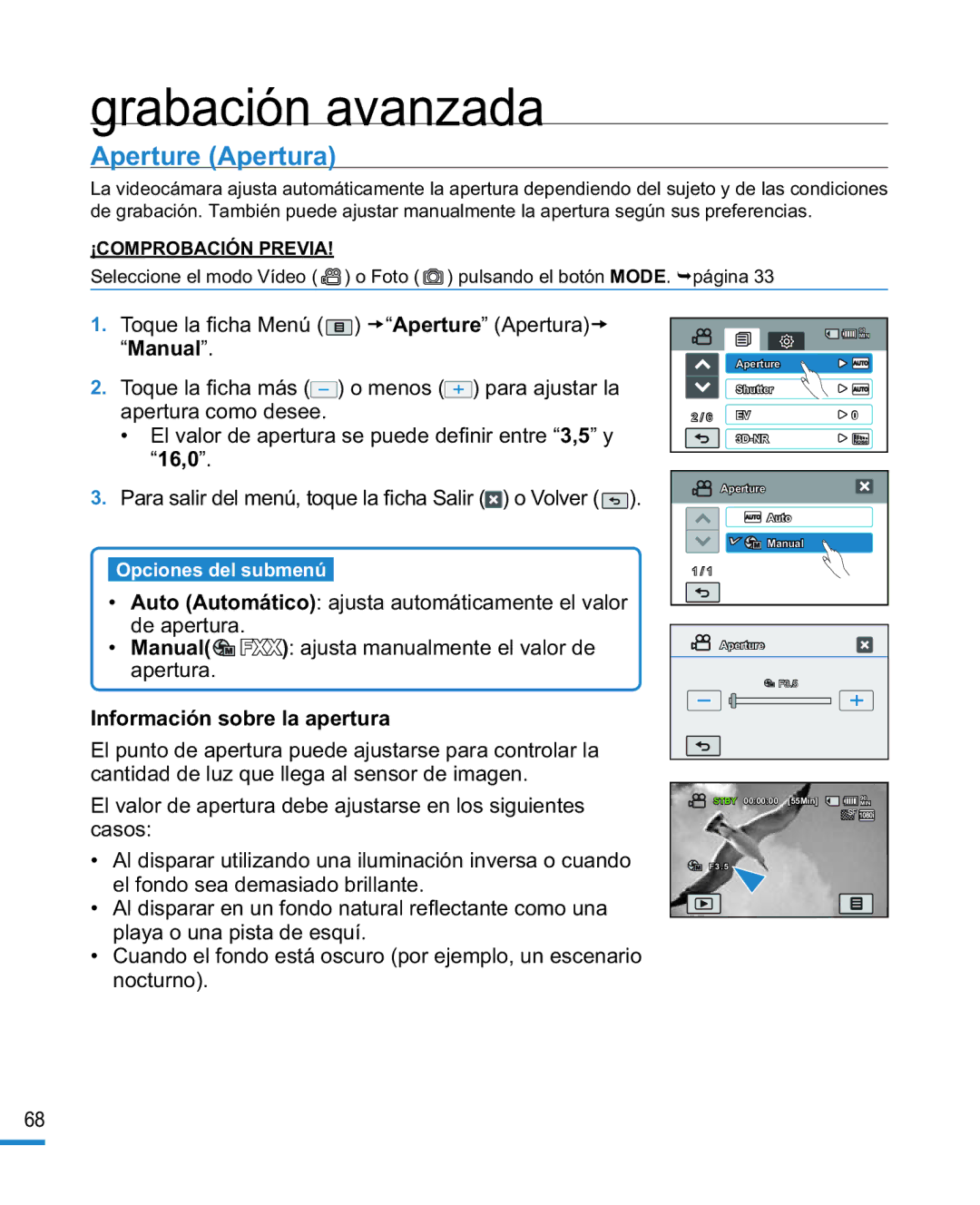 Samsung HMX-R10BP/EDC, HMX-R10SP/EDC manual Aperture Apertura, Manual, 16,0, Información sobre la apertura 