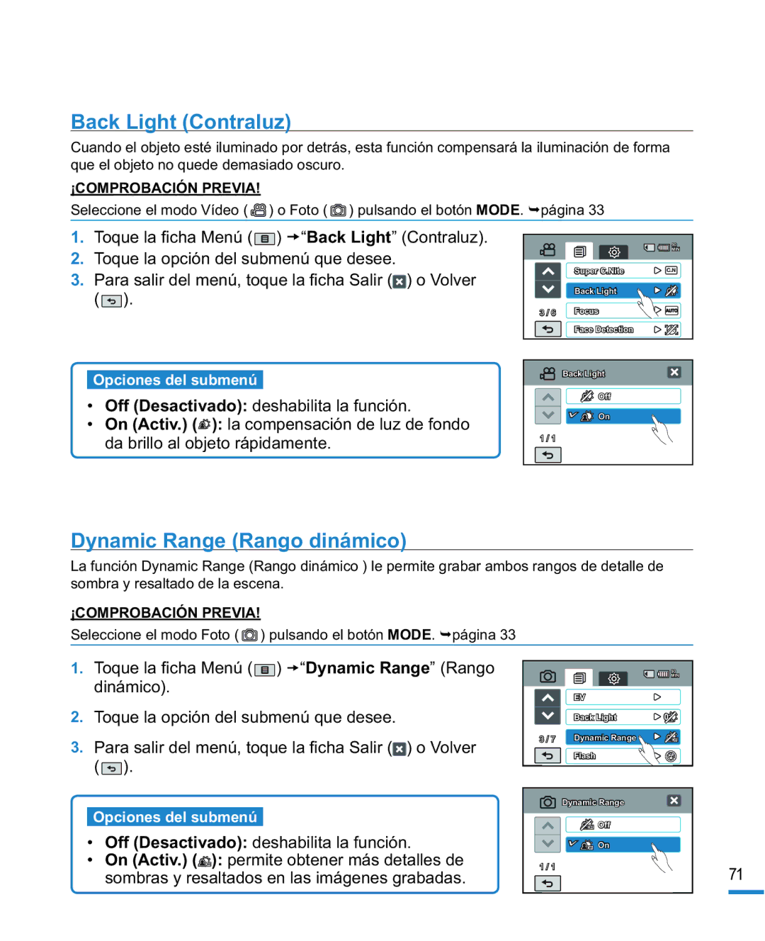 Samsung HMX-R10SP/EDC, HMX-R10BP/EDC manual Back Light Contraluz, Dynamic Range Rango dinámico 