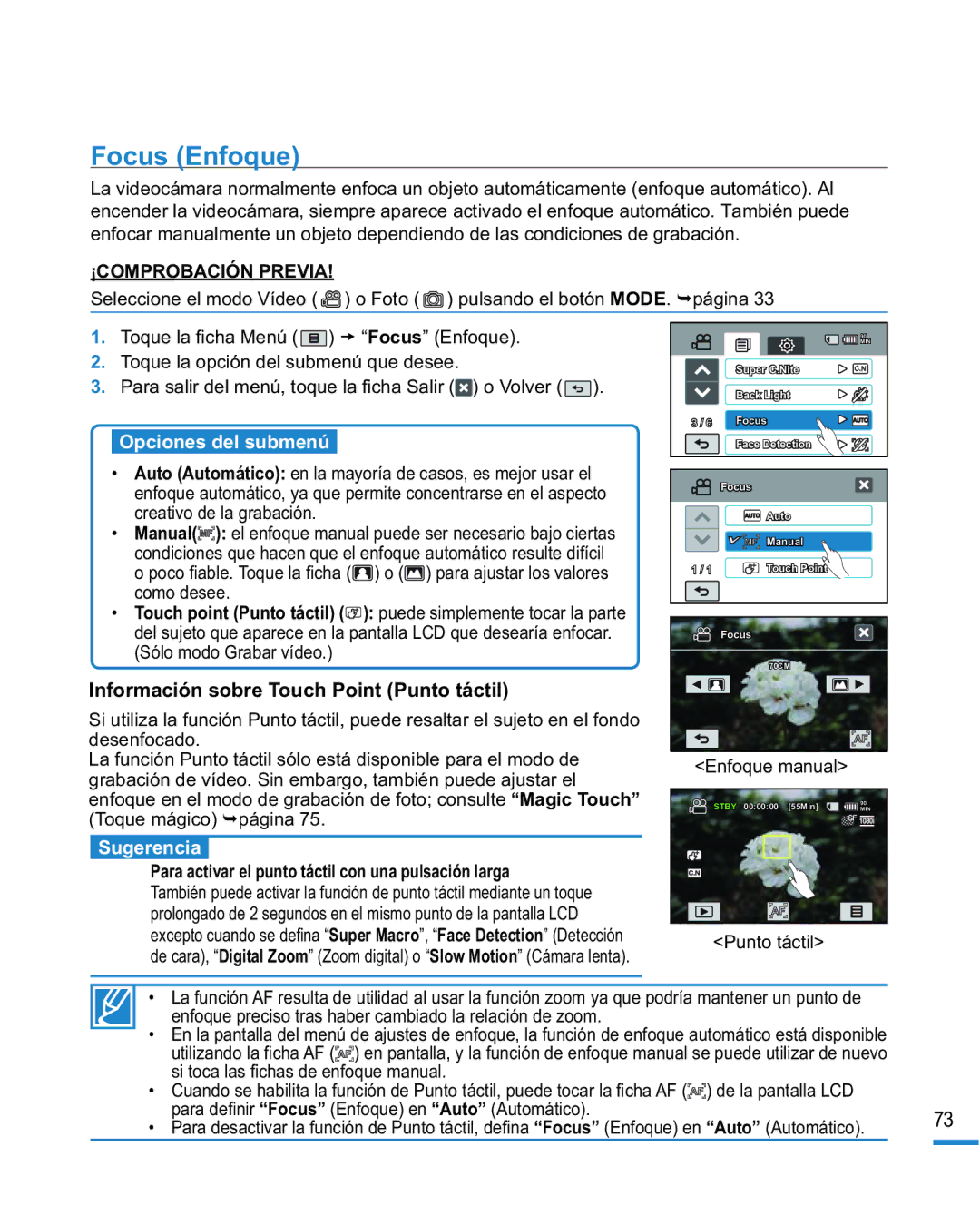 Samsung HMX-R10SP/EDC, HMX-R10BP/EDC manual Focus Enfoque, Información sobre Touch Point Punto táctil 