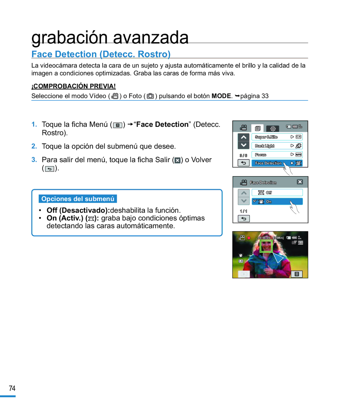 Samsung HMX-R10BP/EDC, HMX-R10SP/EDC manual Face Detection Detecc. Rostro 