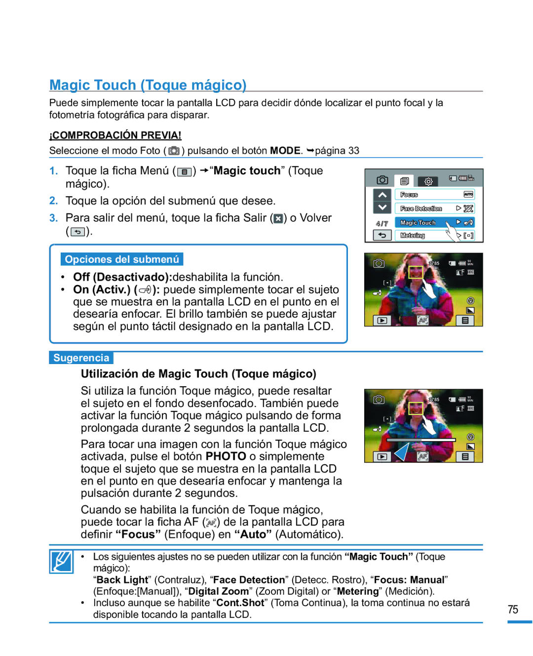 Samsung HMX-R10SP/EDC, HMX-R10BP/EDC manual Utilización de Magic Touch Toque mágico 