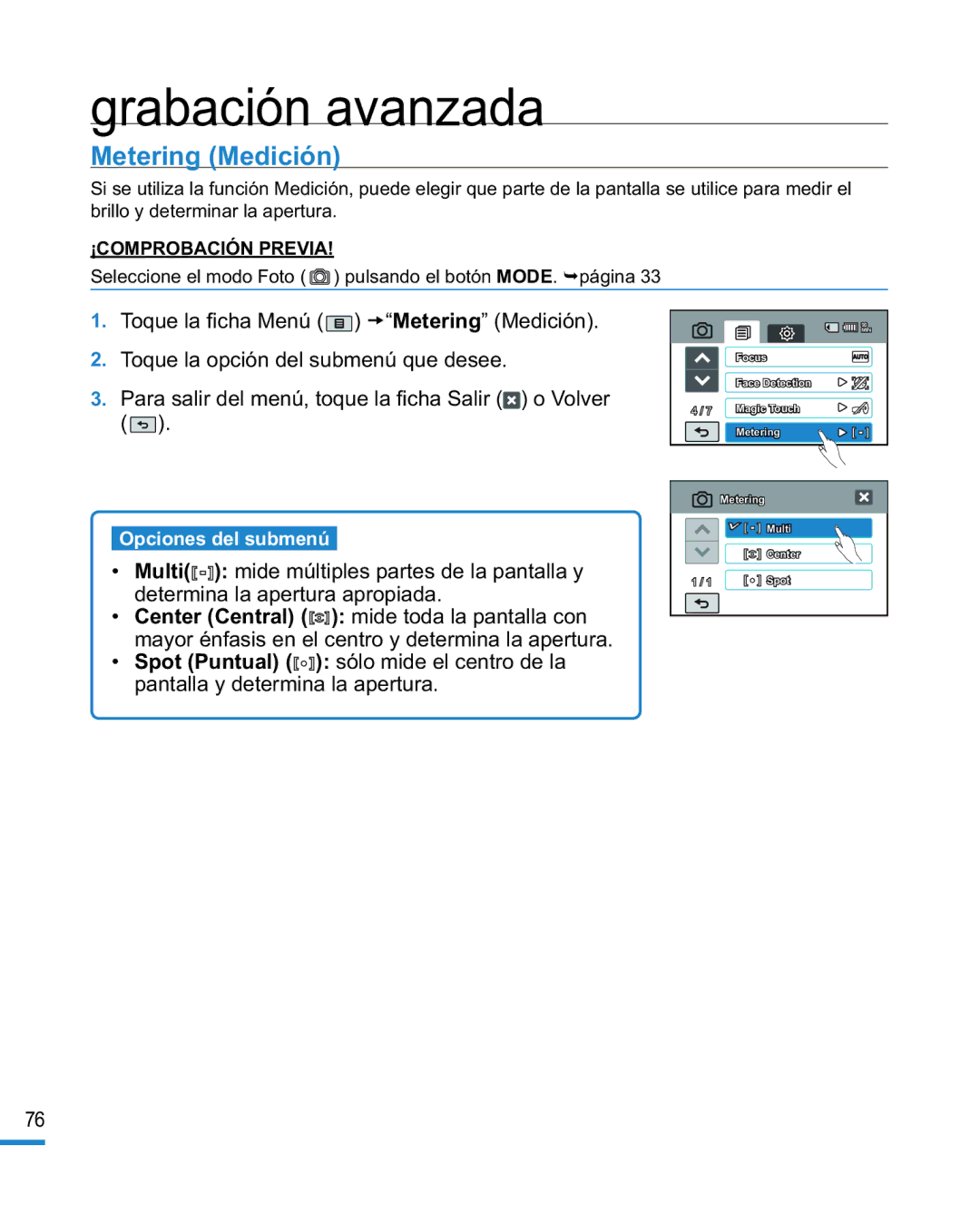 Samsung HMX-R10BP/EDC, HMX-R10SP/EDC manual Metering Medición 