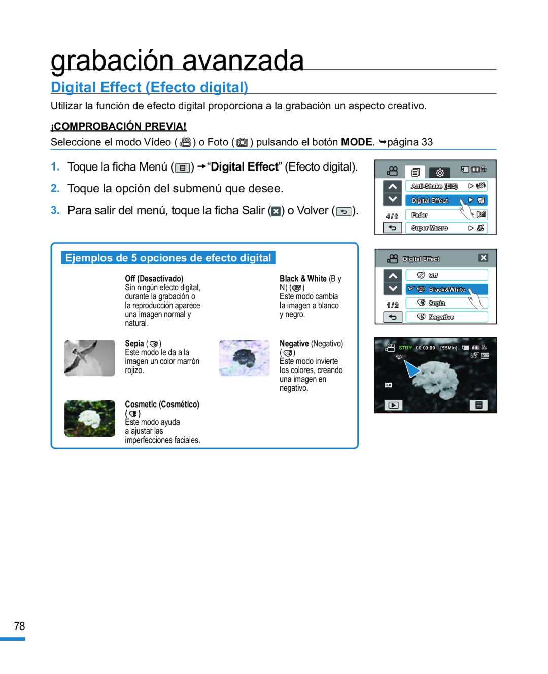 Samsung HMX-R10BP/EDC manual Digital Effect Efecto digital, Toque la ﬁcha Menú, Toque la opción del submenú que desee 