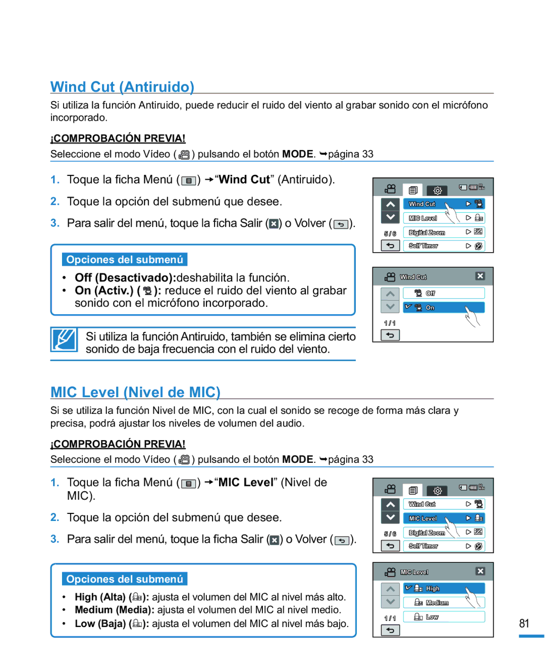 Samsung HMX-R10SP/EDC, HMX-R10BP/EDC manual Wind Cut Antiruido, MIC Level Nivel de MIC 