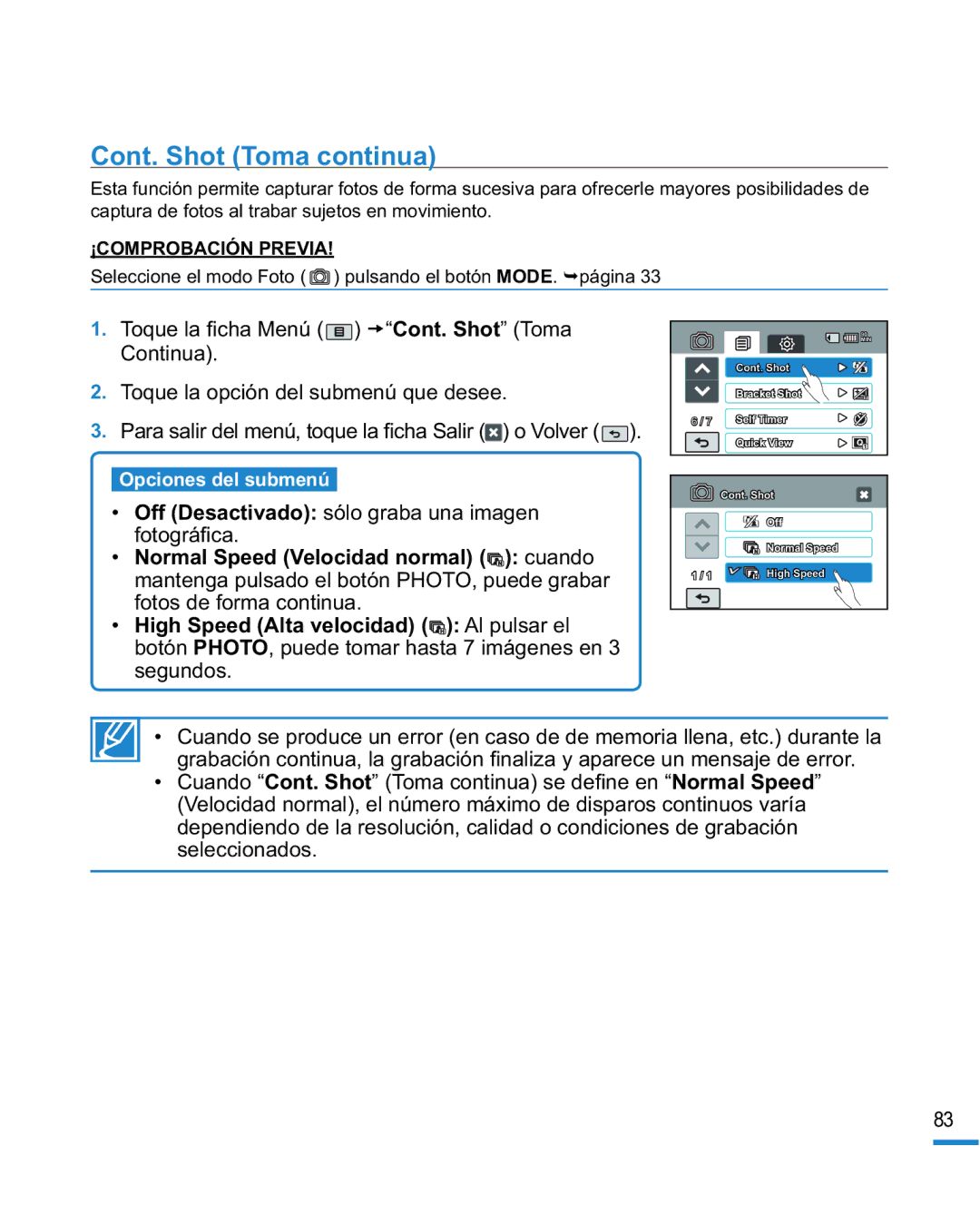 Samsung HMX-R10SP/EDC, HMX-R10BP/EDC manual Cont. Shot Toma continua 