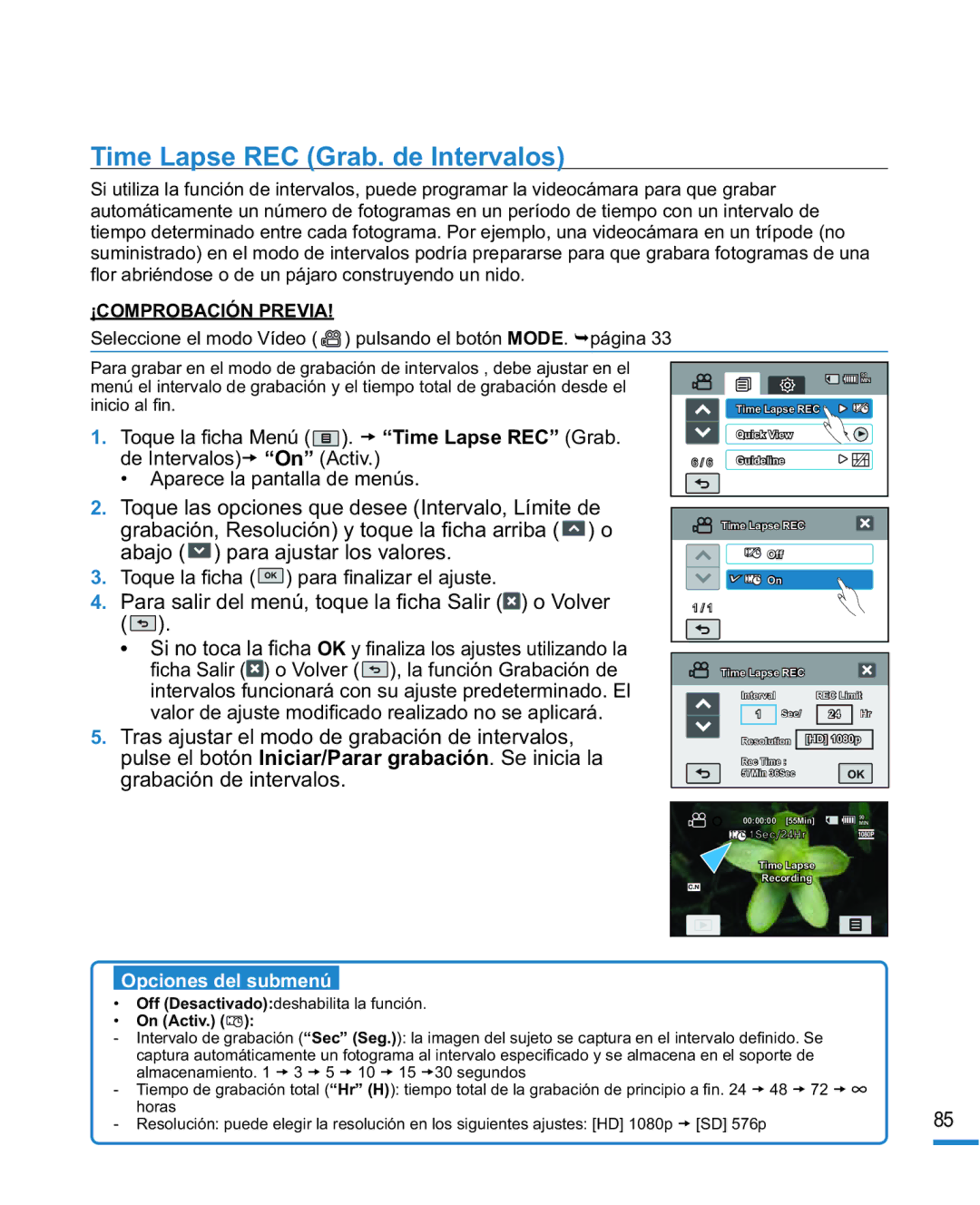 Samsung HMX-R10SP/EDC, HMX-R10BP/EDC manual Time Lapse REC Grab. de Intervalos, On Activ 