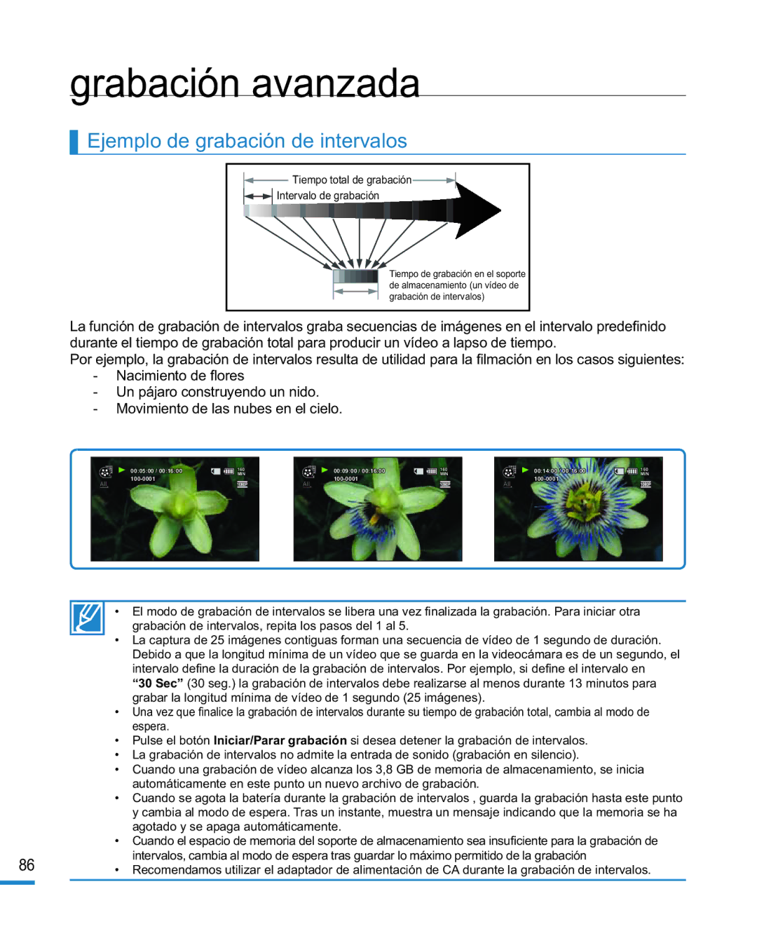 Samsung HMX-R10BP/EDC, HMX-R10SP/EDC manual Ejemplo de grabación de intervalos, Tiempo total de grabación 