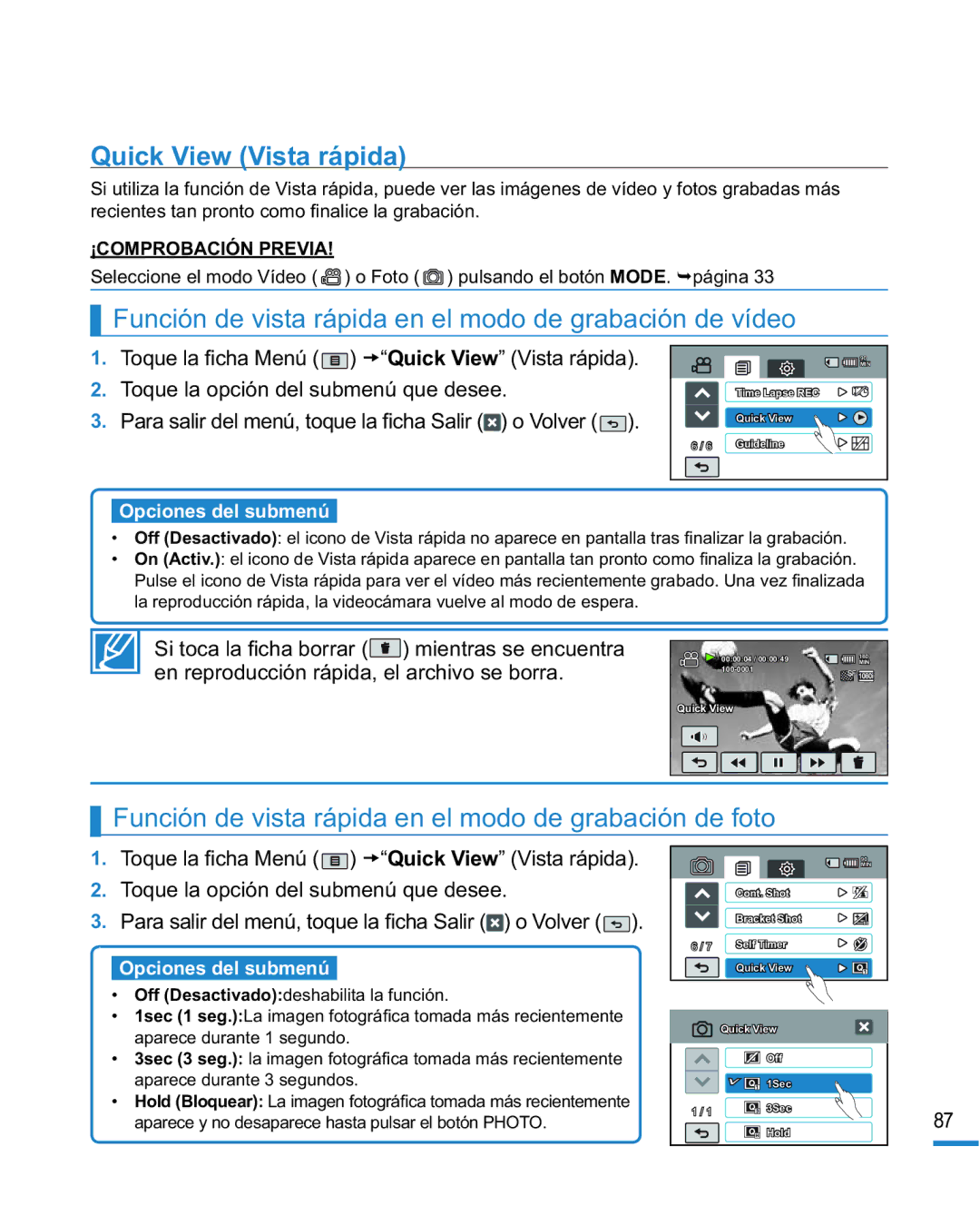 Samsung HMX-R10SP/EDC, HMX-R10BP/EDC Quick View Vista rápida, Función de vista rápida en el modo de grabación de vídeo 