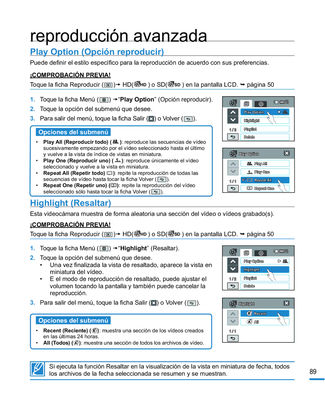 Samsung HMX-R10SP/EDC, HMX-R10BP/EDC manual Reproducción avanzada, Play Option Opción reproducir, Highlight Resaltar 
