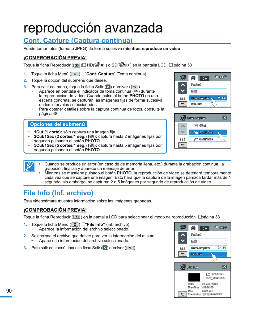 Samsung HMX-R10BP/EDC, HMX-R10SP/EDC manual Cont. Capture Captura continua, File Info Inf. archivo 