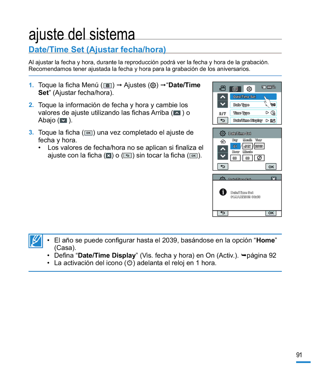 Samsung HMX-R10SP/EDC, HMX-R10BP/EDC manual Ajuste del sistema, Date/Time Set Ajustar fecha/hora 