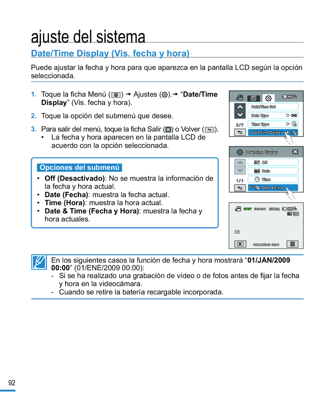 Samsung HMX-R10BP/EDC, HMX-R10SP/EDC manual Date/Time Display Vis. fecha y hora, Opciones del submenú 