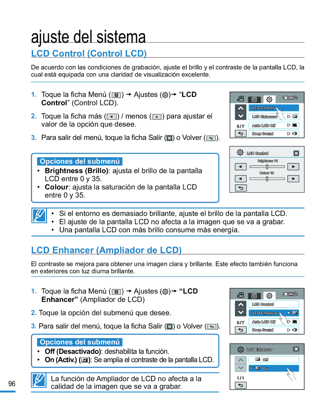 Samsung HMX-R10BP/EDC, HMX-R10SP/EDC manual LCD Control Control LCD, LCD Enhancer Ampliador de LCD 