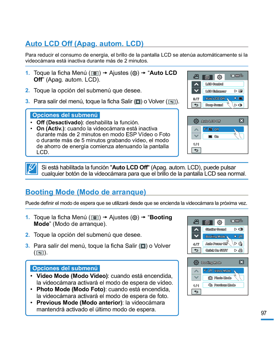 Samsung HMX-R10SP/EDC, HMX-R10BP/EDC manual Auto LCD Off Apag. autom. LCD, Booting Mode Modo de arranque 